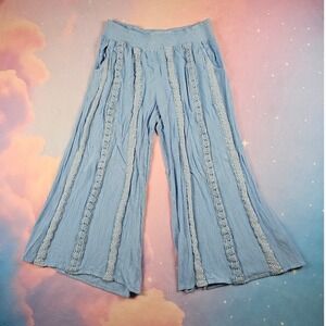 Studio West Crochet Lace Wide Leg Pants Womens Medium Blue Excellent Boho Gauze
